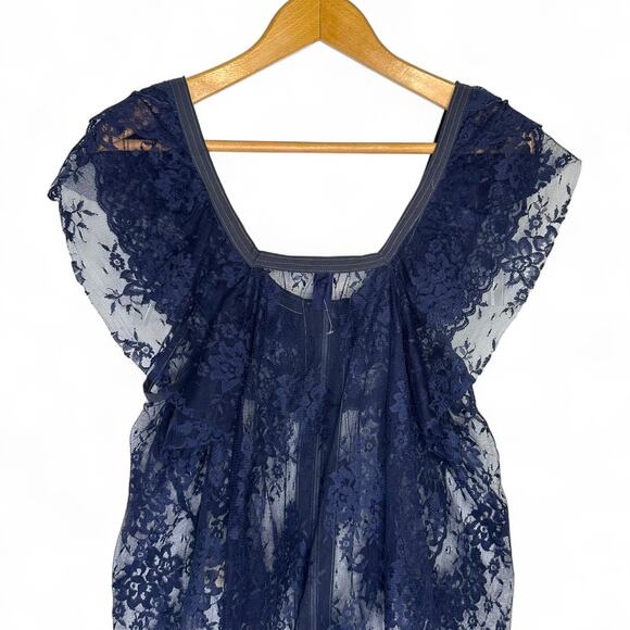 Free People Women's Lace Zip Top Size M Navy Blue Dual Zipper Front Ruffle - Picture 8 of 8